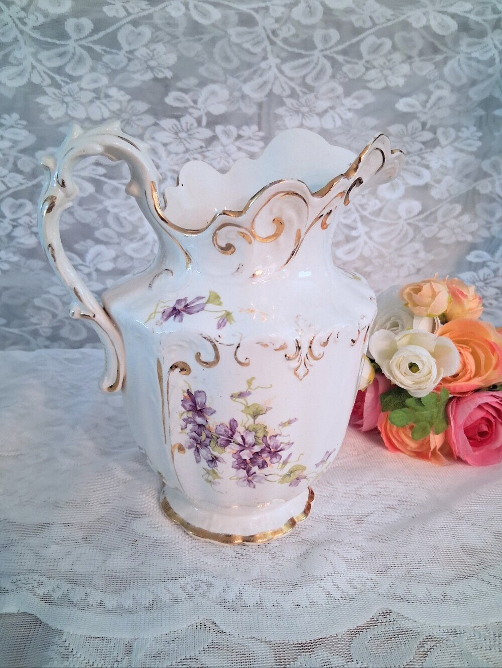 Antique 1880-1904 EPPCo Water Pitcher Violets And Gilding Wash Stand Pitcher